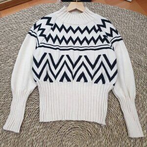 Cream Navy Zigzag Chevron Pattern Mock Neck Knit Sweater